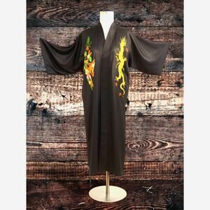 Golden Dragon Embroidered Satin Robe – Vintage Black Kimono with Dragon & Phoeni
